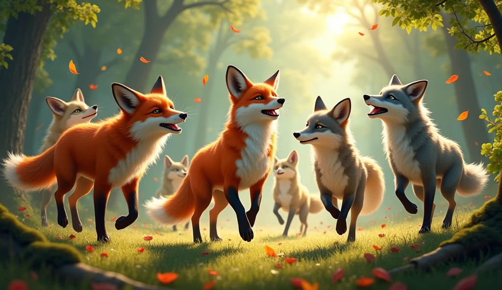 FOXES WOLVES IN THE FOREST HAPPY WILD PARTY PACK ANIMALS