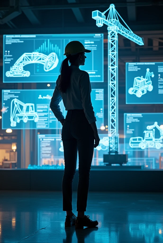 young woman from behind, with hologram of construction projects, lifting machinery, personnel control
