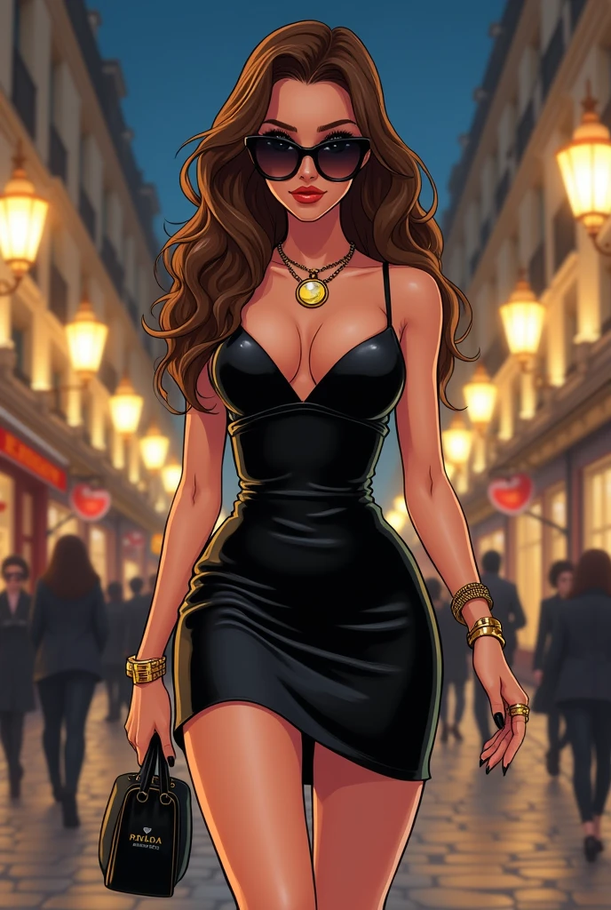 bee girl big brown hair, with a short sleeveless shiny black dress with Prada sunglasses with big black and gold heels walking on the street of Paris at night with rings and necklace with moon pendant Paris anime 