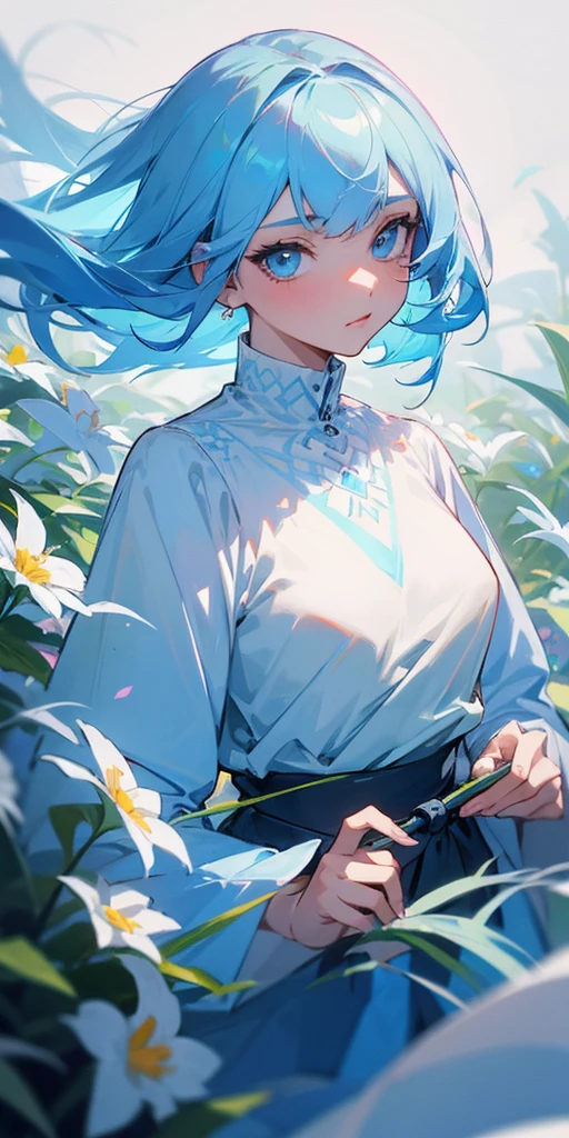 A girl,Light blue hair,Light blue eyes,Smell the flowers,Wearing fashionable clothes