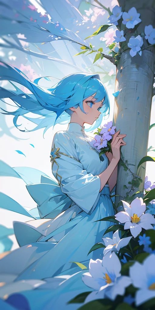A girl,Light blue hair,Light blue eyes,Smell the flowers,Wearing fashionable clothes