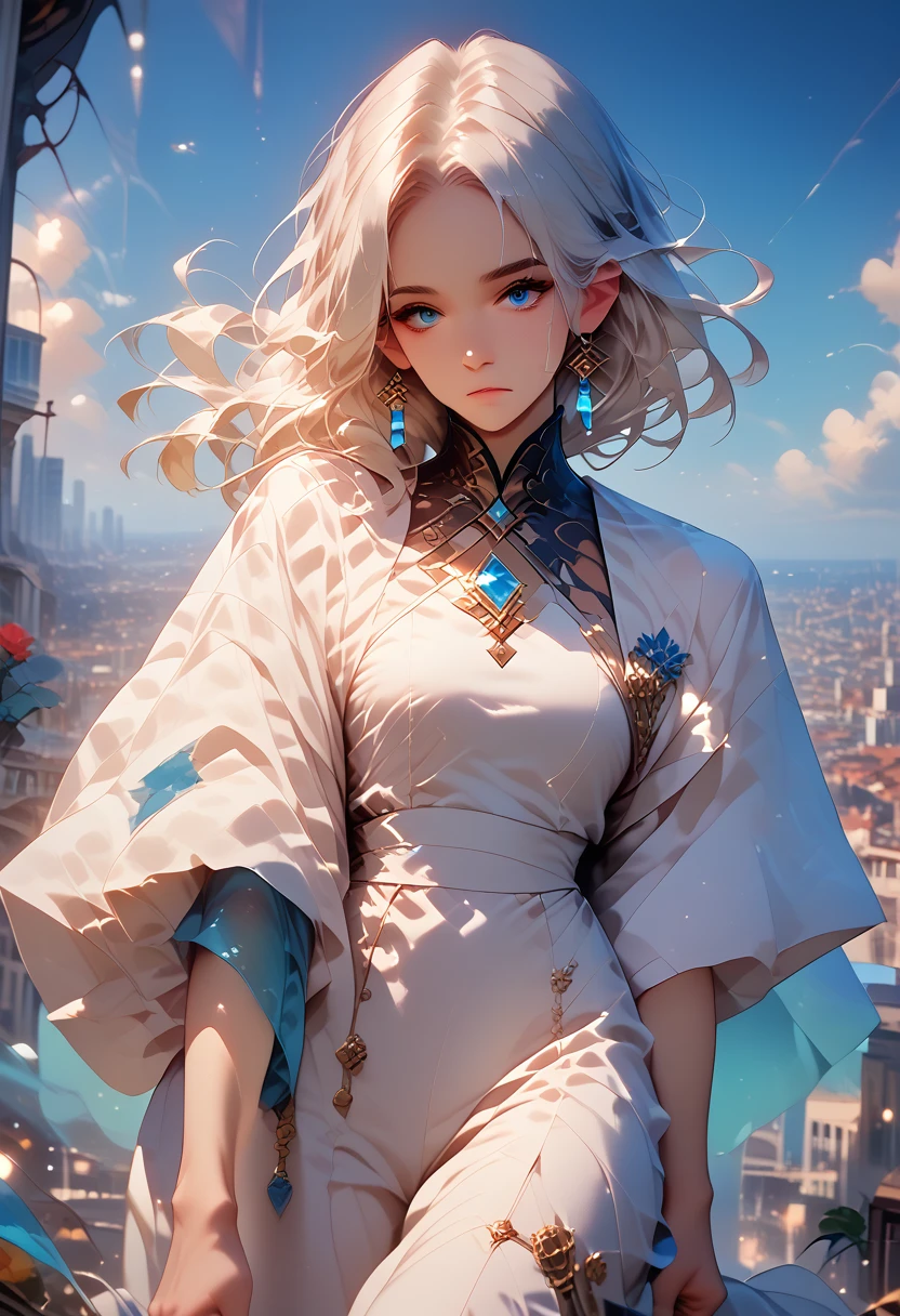 A white-haired, blue-eyed man in a white suit carries a white-haired, blue-eyed girl on his back in the middle of the city at sunset.