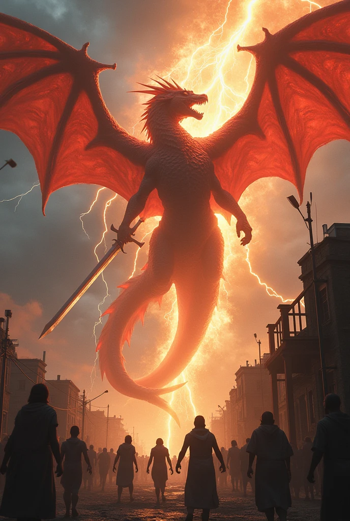 A man with 6 wings and a sword fighting a giant red dragon in the sky with thunder around. There is light around the archangel and fire around the dragon. Below people look at this battle with fear, there are people running to their homes and some destroyed houses throughout the scene.