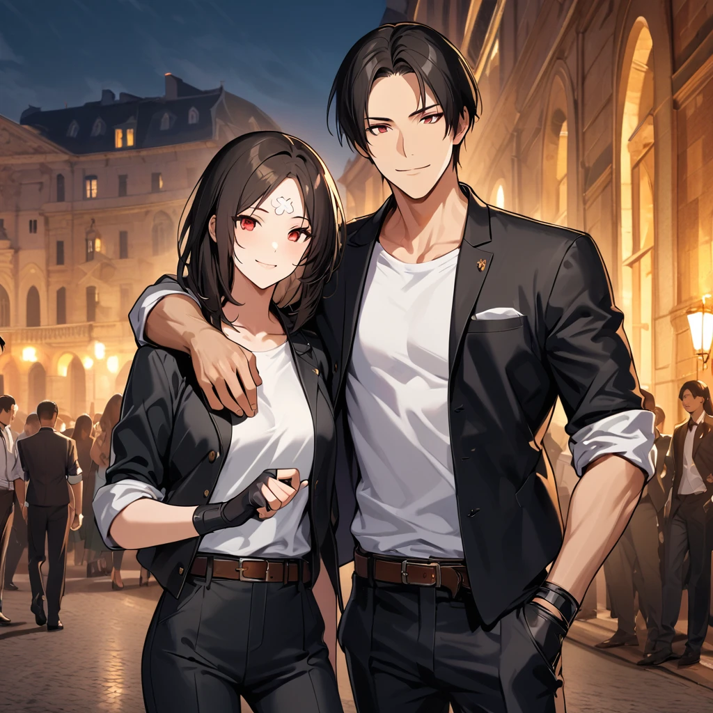 Orochikyo, dark skin, two people, two shots, red eyes, ((black jacket with rolled up arms)), fingerless gloves, black hair, white T-shirt, ((white potholder on forehead)), black pants, white shoes, brown belt, handsome, shot, charming, masterpiece, high resolution, detailed face, fine grain, night, happy Smiling man and woman, French pantheon in background, laughing man and woman, men and women with same hair and clothes, hand on woman's head