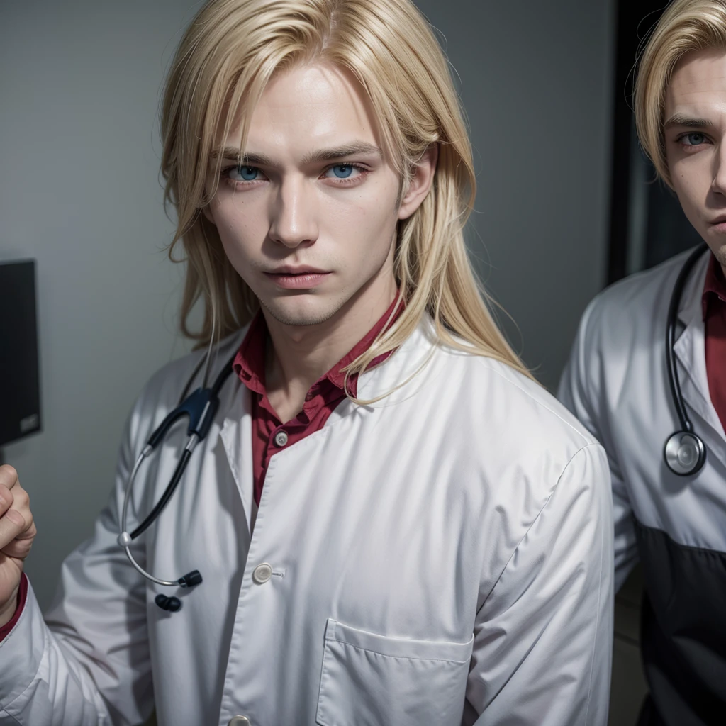 Blond vampire man from Brazil dressed as a doctor in a clinic 