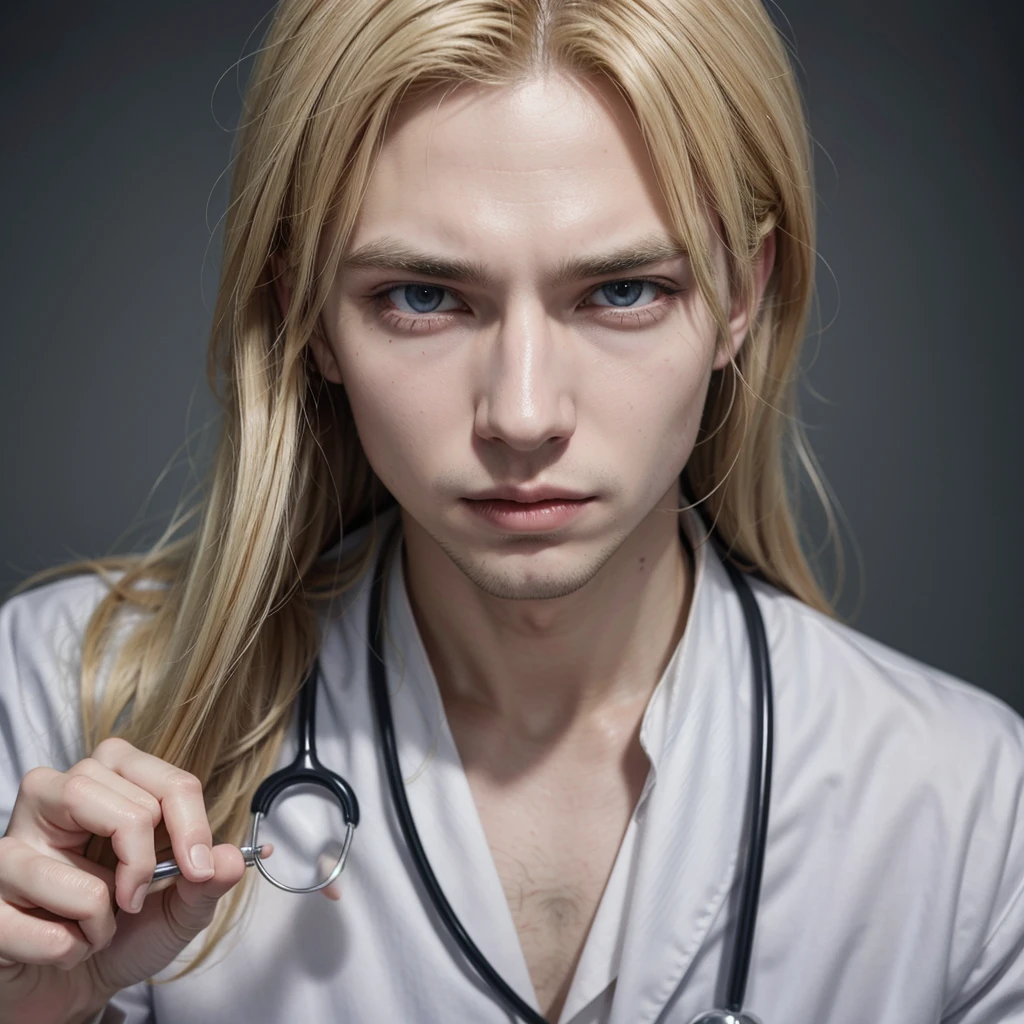Blond vampire man from Brazil dressed as a doctor in a clinic 