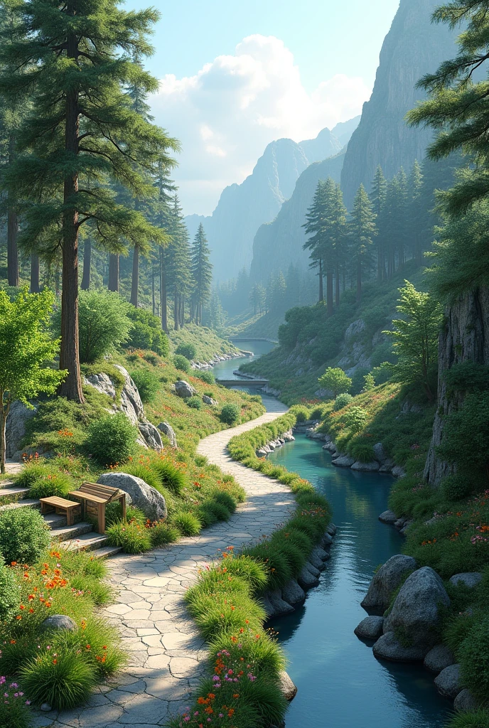 An ecological park with many pedestrian paths passing near a small river, with lots of cold climate vegetation