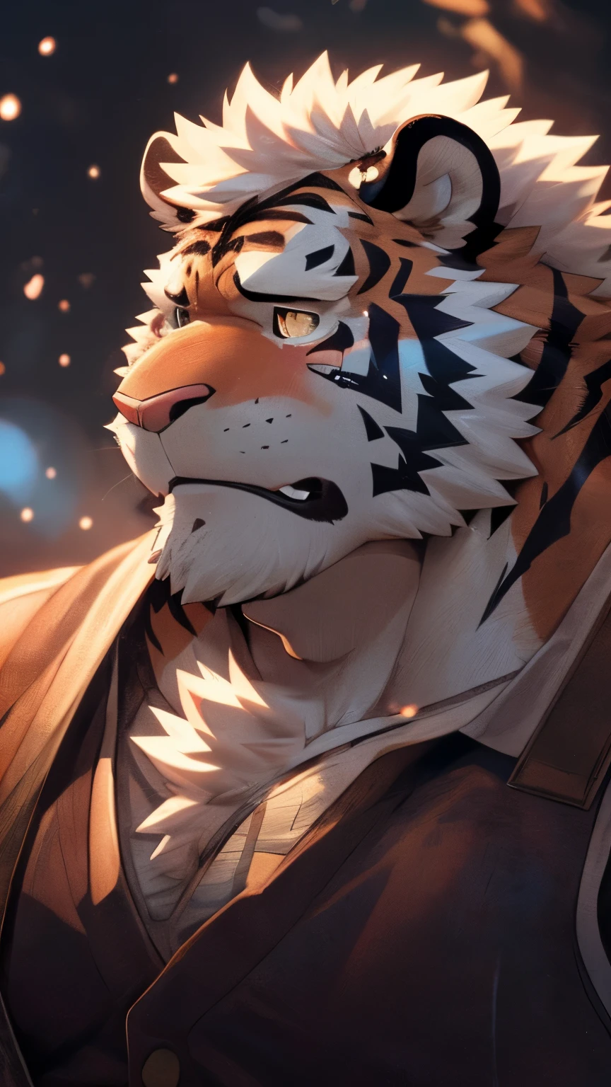 human nature, wild animals, male, 36 years old，uncle，solitary, ((Round Face, The face is plump, Golden Eyes, Thick white hair，Scars)), ((Endomorph, Handsome，Hot Blood)), （Mecha suit，no electricity，exhausted), ((domestic white tiger, Tiger Orc) Fluffy fur, Fluffy, blue stripes), (tiger print), Bokeh, (high quality, high resolution, masterpiece), (Dynamic Lighting, Vibrant colors), (sad，Cry，Many tears，blush), Delicate pupils，Full body pictures (close up), cartoon, author：Takemoto Arashi, From Zixiong, author：Chunni, author：Ethereal，（background：Rainforest）