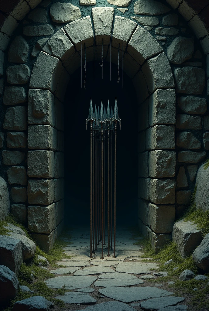 a spear trap coming out of a door in a dark room of a dungeon cave


