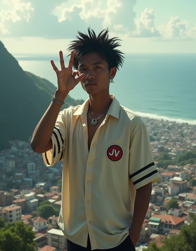 LnF , offwhite , on top of a favela in a black shirt , with a JV on the shirt ,shoreline ,with the left arm making the two-finger cinbolus , with the hair cut of jackfruit , looking at the favela, com JV nas shorelines  