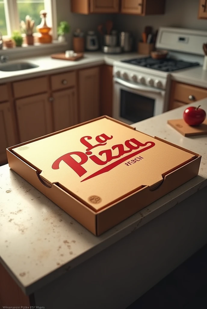 create a realistic and detailed pizza box on the counter with the label written on it "LaPizza" looked from above