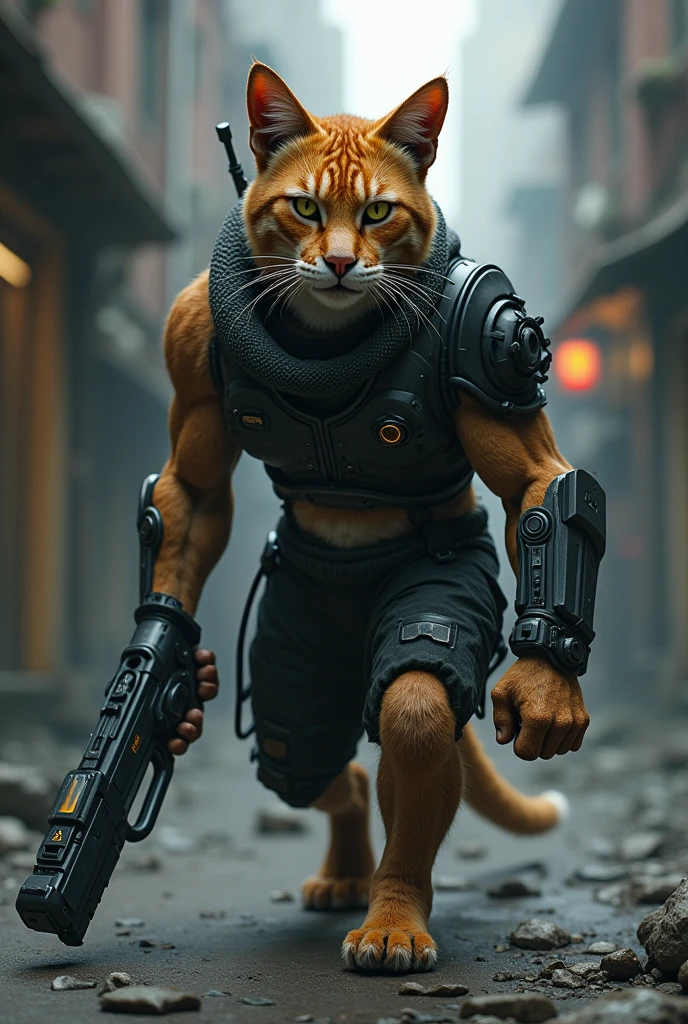A soldier cat standing with a gun in his hand