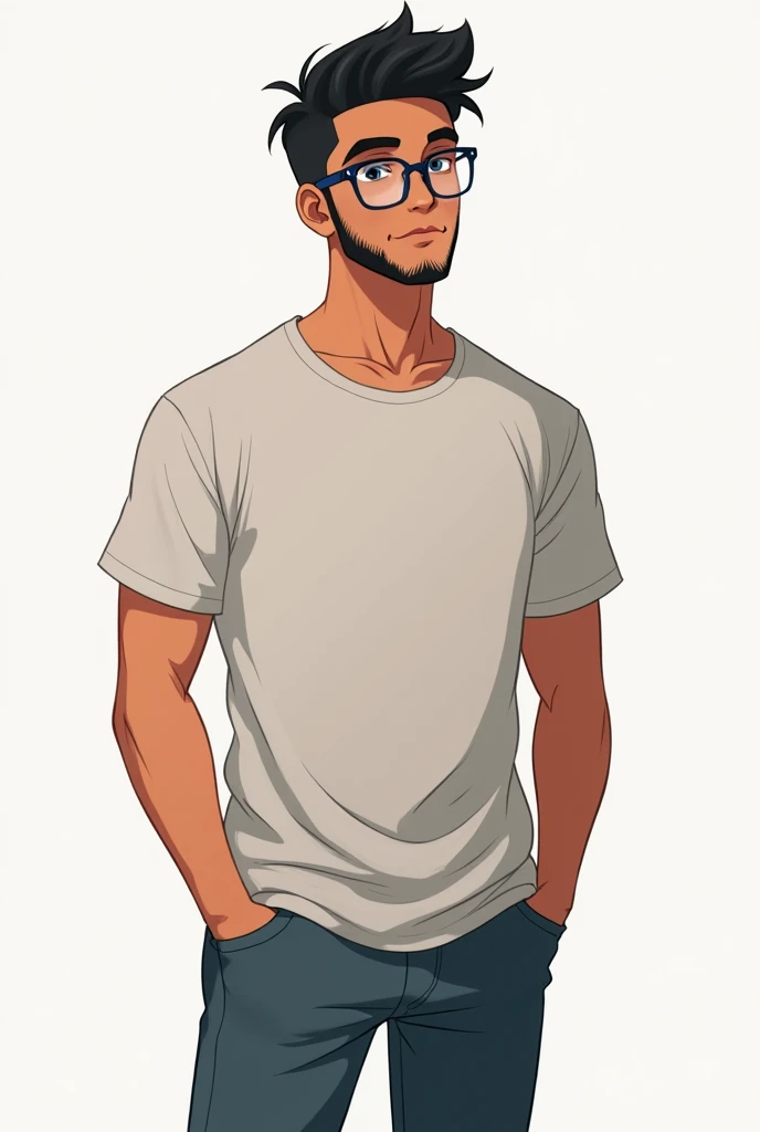 "Create an anime-style character design of a young man named Caio. He stands at 1.80m tall with an athletic but average build. His skin is a warm medium brown tone. He has short, neatly styled black hair, combed to the side with a subtle, smooth top. Caio wears rectangular glasses with a normal prescription lens for reading. The glasses have a dark blue frame. His face is framed by a well-groomed, full beard that complements his sharp, anime-style facial features. For clothing, design him in casual attire such as a comfortable t-shirt or shirt with jeans or casual pants. The character design should emphasize clean lines and a slightly exaggerated anime aesthetic, with a focus on his casual, relaxed outfit."