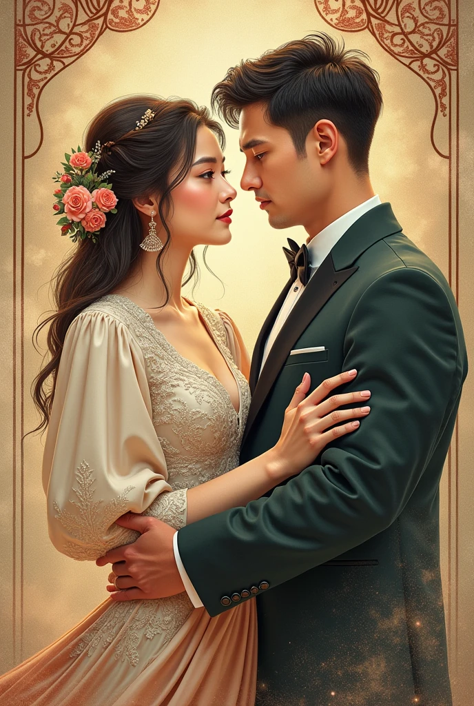 There is a man and a woman posing together for a photo, wedding photo, bride and groom, royal elegant pose, couples portrait, wedding photography, professional wedding photography, couple pose, roberto ferri and ruan jia, in wedding dresses, couples portrait, & Li Zhiheng & Volop, cute couple, Wearing a headdress, elegant couple, Weddings, crown and gown