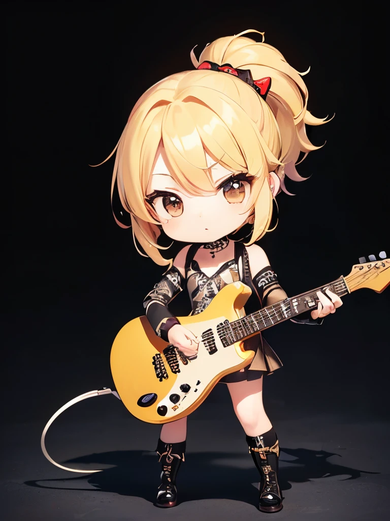 (((Metal Band)))、Cute and healing chibi character with a 、(((A small, blonde character who plays metal guitar)))、(((A chibi character wearing a metal girl-like outfit)))、A beautiful depiction using tens of thousands of colors、masterpiece、Ultra HD、super high quality、8k、Side guitar blonde chibi character、Fast-picking metal guitar