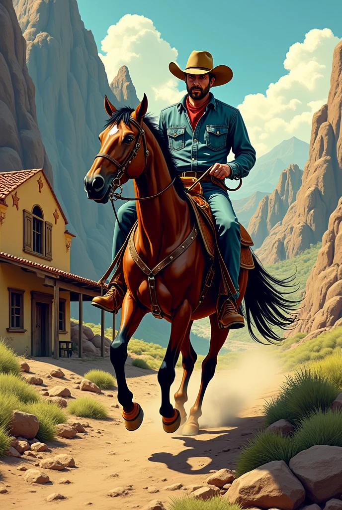 Hyperrealistic comic image with a 50&#39;s look, a cowboy riding his horse down the mountain to a cantina on the side of the road