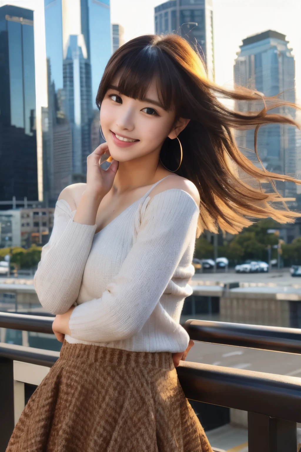 High resolution, masterpiece, accurate, Ultra high definition, Very detailed, quality, 高quality 、
Brown bangs and long hair、Earrings、Beautiful eyes、make、Close your mouth, 、Small face、smile、A perfectly symmetrical face with glowing skin and blushing cheeks、 BREAK、
Large Breasts、(valley)、BREAK、
Square neck zipper black shirt、Long skirt、Fishnet tights、bag、Heel、
BREAK、(The wind is blowing、City skyscrapers、Overlooking the city、The sun rises、whole body)