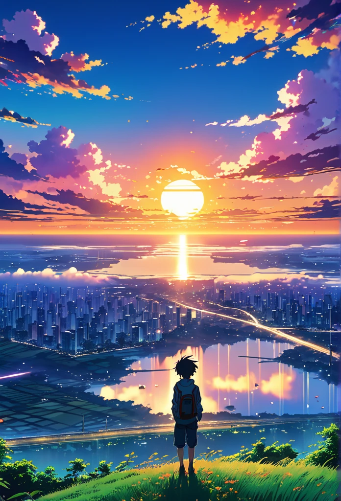 Anime landscape of The image shows a boy falling from the sky in the distance in the air, sunset, seen from afar, a beautiful colorful anime scene, seen from afar, a beautiful anime scene of peace, Makoto Shinkai Cyril Rolando, beautiful anime scene , amazing wallpaper, anime art wallpaper 8k, anime background, artistic anime background, anime wallpaper 4k, anime art wallpaper 4k, anime art 4k wallpaper,