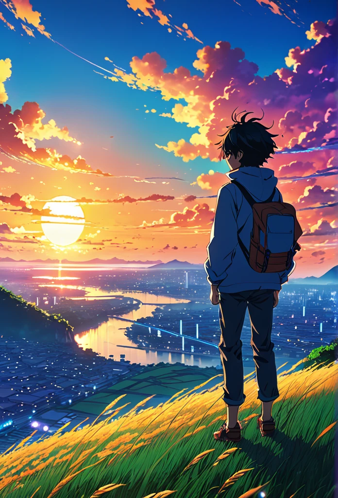 Anime landscape of The image shows a boy falling from the sky in the distance in the air, sunset, seen from afar, a beautiful colorful anime scene, seen from afar, a beautiful anime scene of peace, Makoto Shinkai Cyril Rolando, beautiful anime scene , amazing wallpaper, anime art wallpaper 8k, anime background, artistic anime background, anime wallpaper 4k, anime art wallpaper 4k, anime art 4k wallpaper,