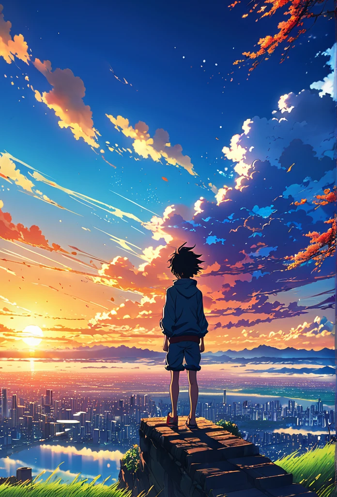 Anime landscape of The image shows a boy falling from the sky in the distance in the air, sunset, seen from afar, a beautiful colorful anime scene, seen from afar, a beautiful anime scene of peace, Makoto Shinkai Cyril Rolando, beautiful anime scene , amazing wallpaper, anime art wallpaper 8k, anime background, artistic anime background, anime wallpaper 4k, anime art wallpaper 4k, anime art 4k wallpaper,