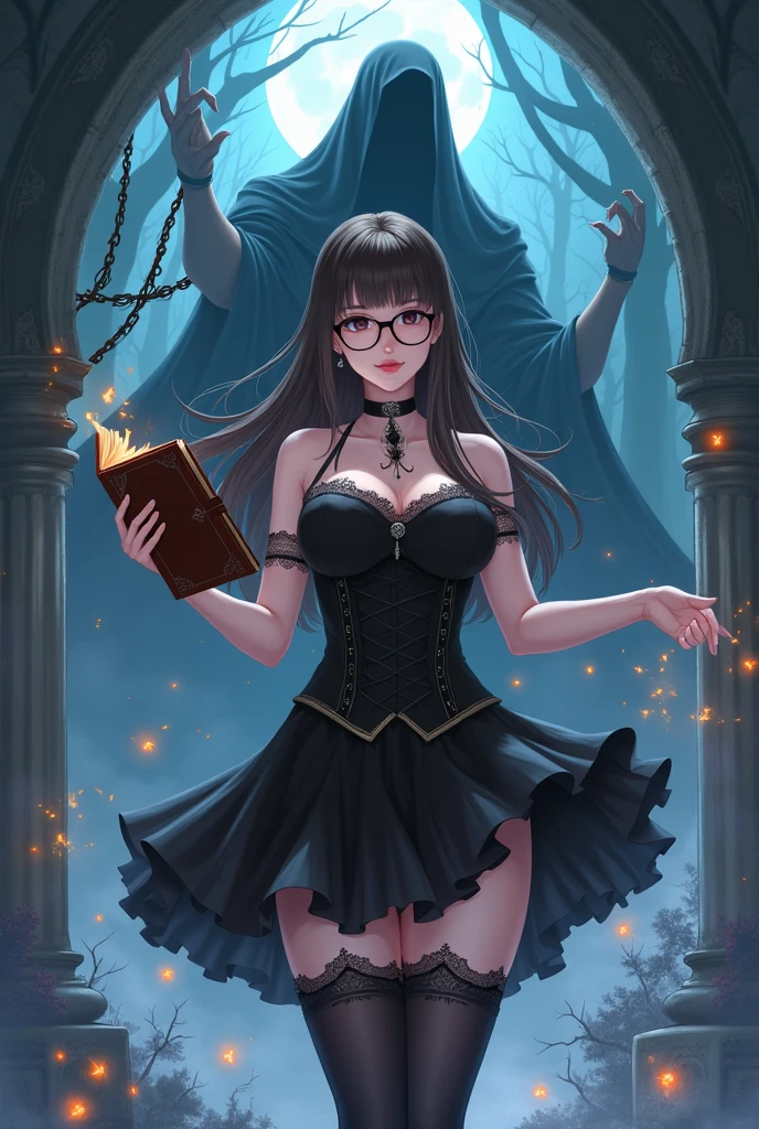 Caucasian female, long hair with bangs and brown, eyes black, round eyeglasses, espartilho preto, black skirt and black coat, wearing black boots and fishnet stockings, holding magic book with Ryomen Sukuna, tall shirtless man with pink hair and tattoo, manga art, high resolution 