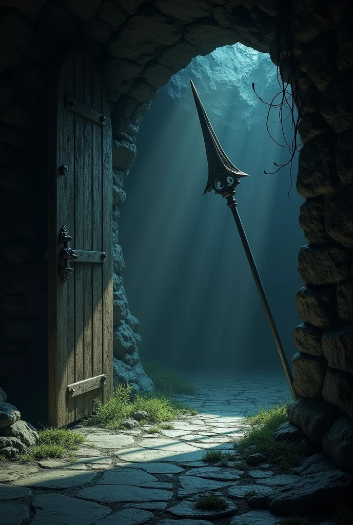 a spear trap coming towards me from a door in a dark room in a dungeon cave