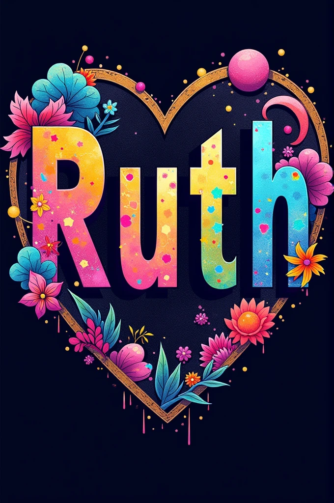 A design with the name Ruth colorfully decorated on a t shirt with a dark background 