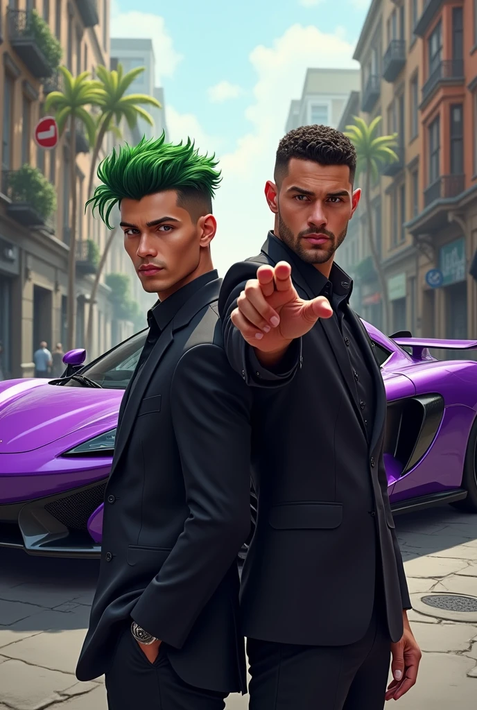a half body man doing hand pose and man in green short puff hair and man is clean shave wearing a in wear aand in the background there is mclaren p1 in purple color standing in the side