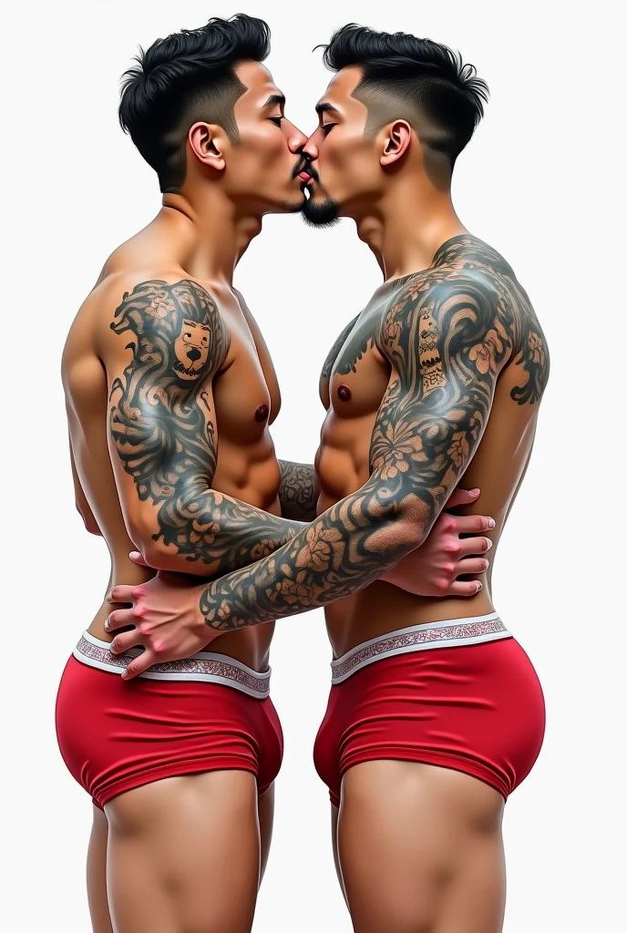 Draw me 2 handsome mature Asian men with tattoos covering their chest and shoulders wearing red underwear with white lining showing their big dicks The two start touching each other Kissing and hands under the underwear