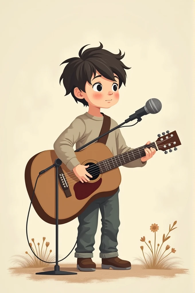 Poster image of a boy with a guitar and holding a microphone with neutral colors