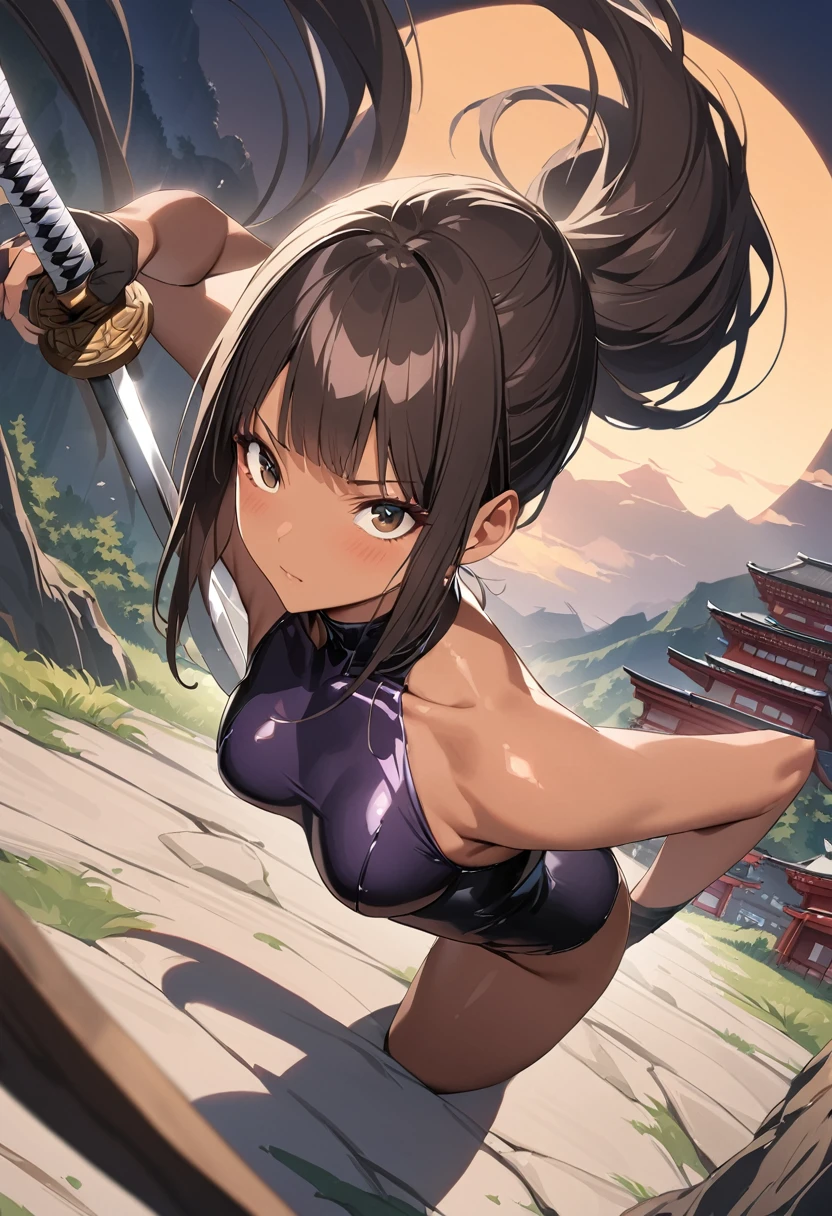 ((masterpiece,best quality anime,Highest quality:1.3)),realistic,cowboy shot,(25 year old beauty),Female ninja,1woman,独奏,((very small head:1.4)),((very long body:1.3)),black hair,bangs,(long ponytail hair),gorgeous big eyes,black eyes,((tan skin:1.5)),(black high neck sleeveless,leotard、black_thighhighs,black fingerless gloves),((slender body:1.3,skinny)),medium breasts,gleaming skin,shiny skin,Fighting stance with a Japanese sword、(A detailed depiction of a Japanese sword),Old shrine in the mountains、Moonlit Night、Action scene fighting orcs、