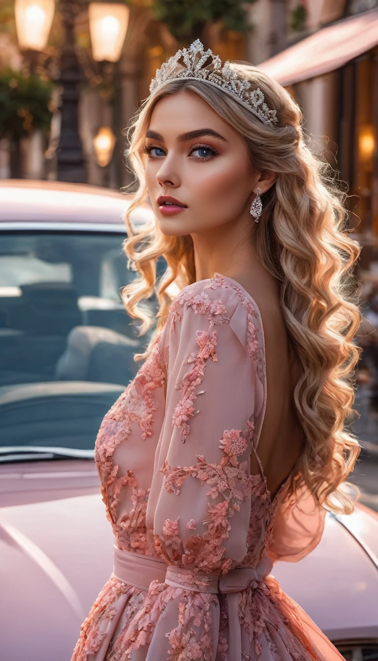 A stunning woman, beautiful detailed eyes, beautiful detailed lips, extremely detailed eyes and face, long eyelashes, beautiful young woman, tiara on curly and tied blonde hair, dressed in a long chiffon dress with coral floral print, double neckline, at dusk, illuminated street of an Italian city, people and cars, photorealistic, 8k, highly detailed, (((dynamic pose fashion))), sketch color, photo studio type, masterpiece, cinematic lighting, dramatic lighting, pink tones, vibrant colors, fantasy art.