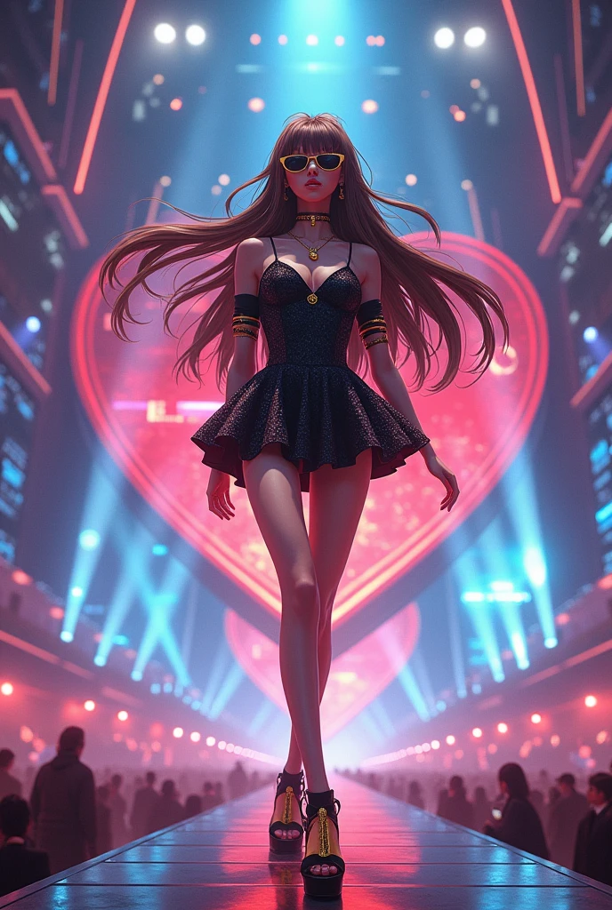 bee girl big brown hair, wearing a short sleeveless shiny black dress with Prada sunglasses with black high heels with gold rings and a necklace with a moon pendant She is on a huge stage with big screens, a large neon red heart structure, with a walkway. The stage is for a World Tour.
アニメ 