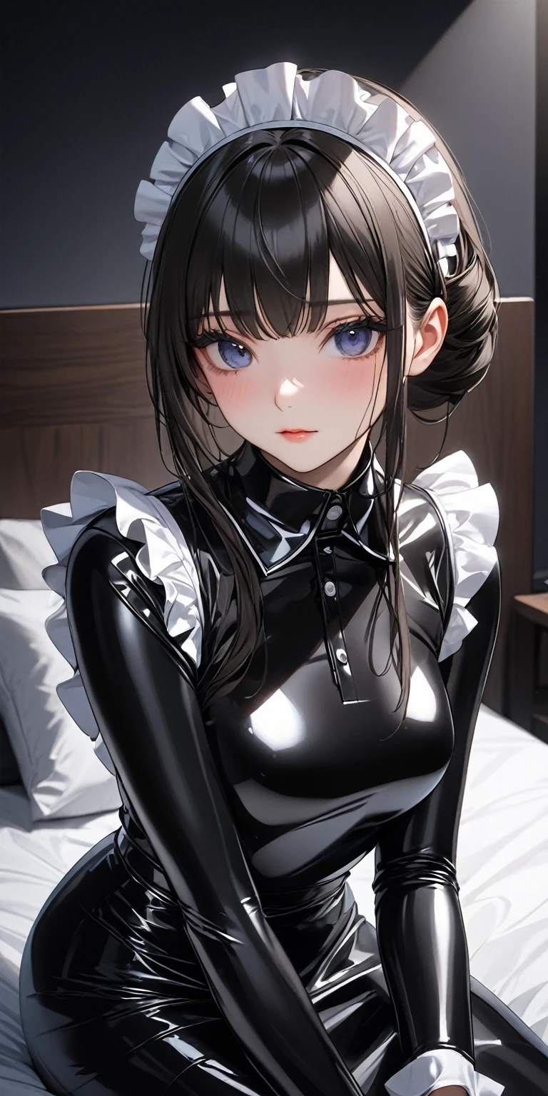 Portraiture、(masterpiece,Highest quality,Ultra-high resolution),Japanese women, Maid Headband、(((A very beautiful 25 year old))),(Black Latex Maid Clothing)、(((Black latex long skirt)))、(A long-sleeved black latex shirt covering the upper body)、Black latex long gloves、Black Latex Tights、Latex is very shiny、Dark room at night、Sitting on the bed