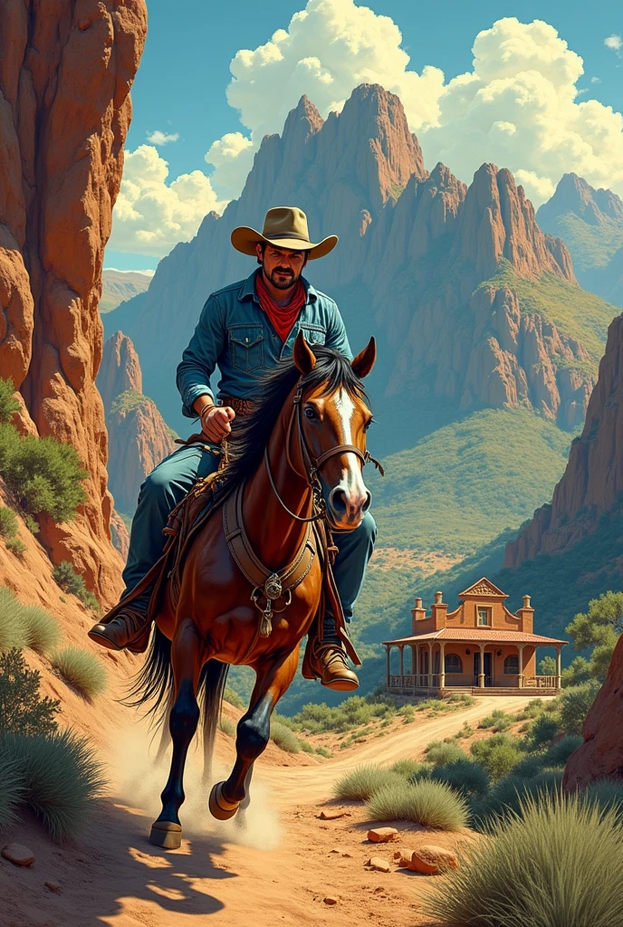 Hyperrealistic comic image with a 50's look, a cowboy riding his horse down the mountain to a cantina on the side of the road
