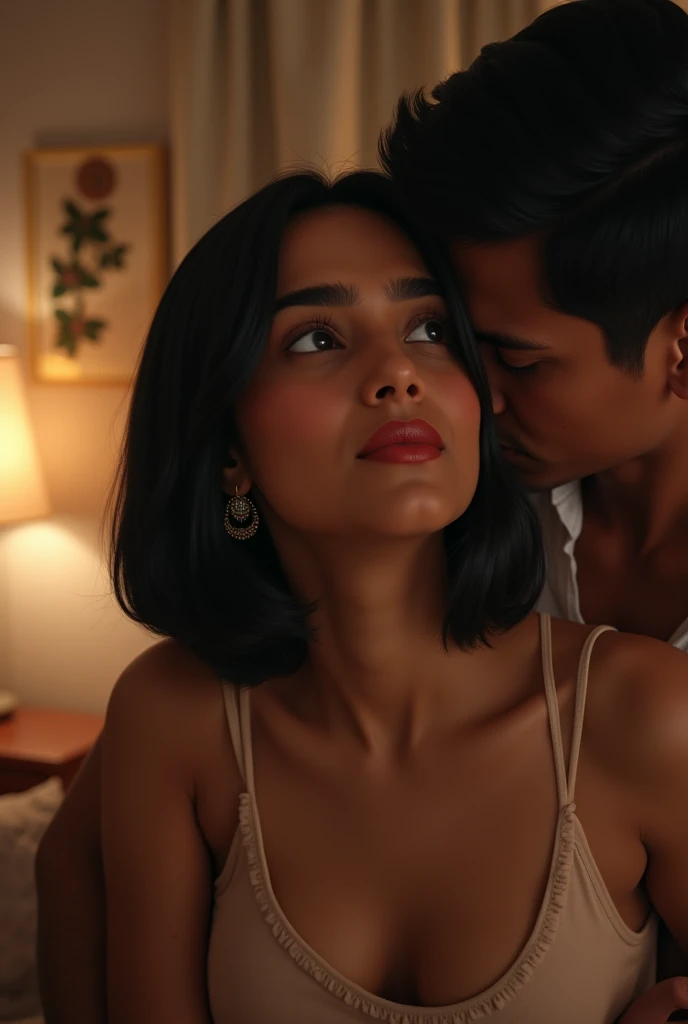Create a image of a 25 year old indian girl in a room short black silky hair in bob hair style of girl hair year old boyfriend kissing her neck from back