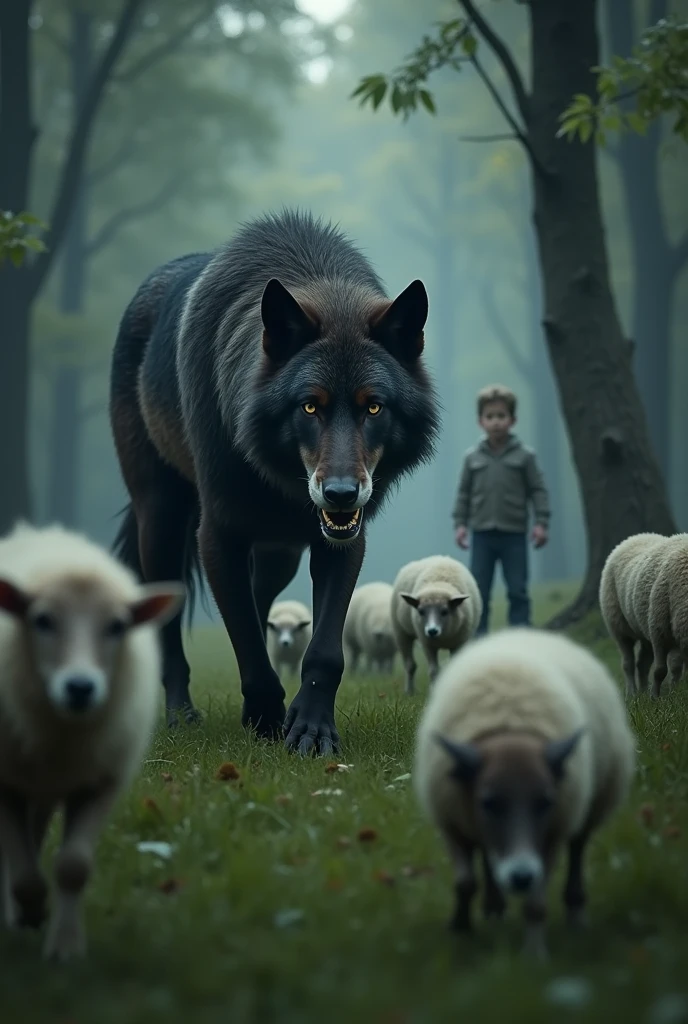 The Real Wolf Appears:**
   - A dark, menacing wolf emerging from the forest, approaching the flock of sheep. The boy is in the background, his face filled with fear, as he starts to shout for help.
