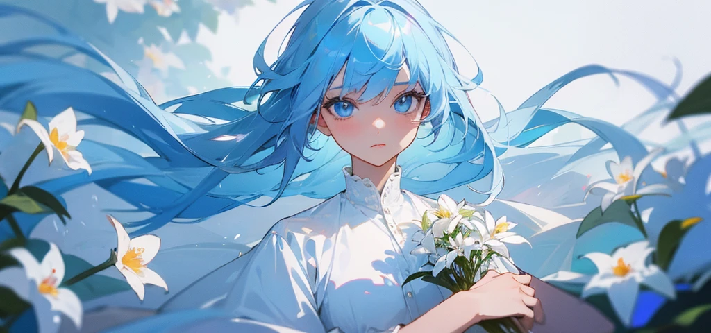 A girl,Light blue hair,Light blue eyes,Smell the flowers,Wearing fashionable clothes