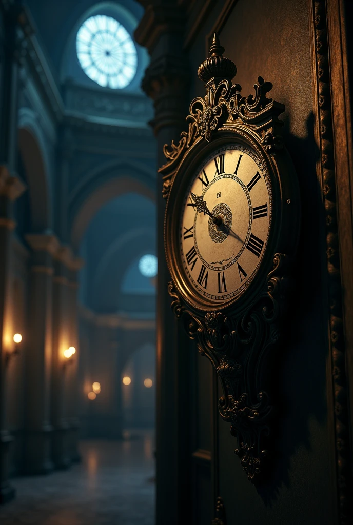 Mysterious wall watch in palace at dark night