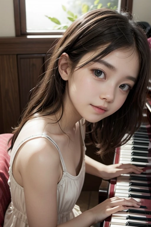 8k, highest quality, masterpiece, realistic, Super detailed, photo realistic, hyper realistic, smoother lighting, Improve the quality of cinematic lighting, realistic lighting, Backlight, bright light, Improvement of quality, highest quality real texture skin, close, thin, cute face, smile, beautiful detail eyes, 7 year old girl, Korean, playing the piano, smile,
