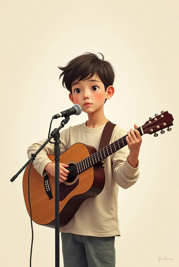 Poster image of a boy with a guitar and holding a microphone with neutral colors