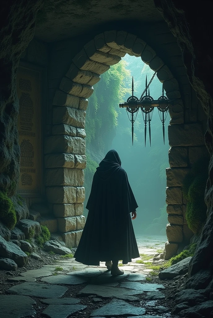 a trap coming out of a door of a room in a dungeon cave piercing a hooded wizard