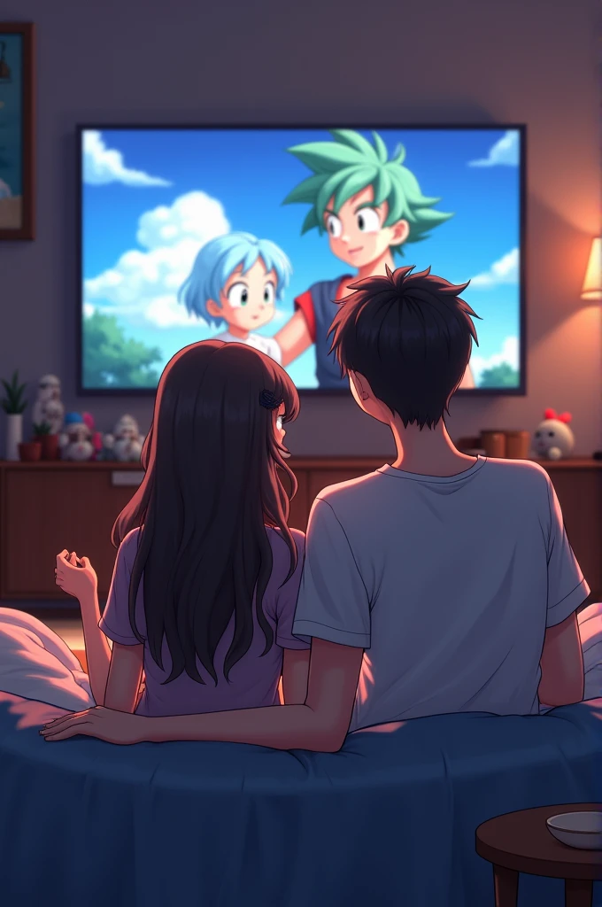 Anime girl with her boyfriend watching dragon ball