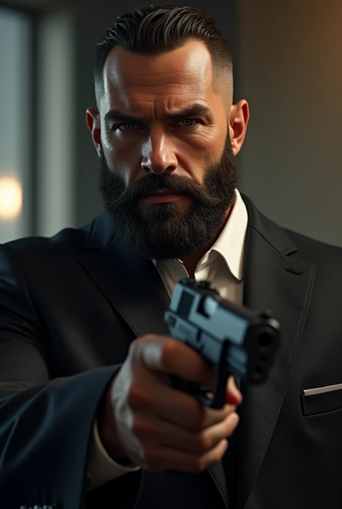 handsome, handsome man, tough man, 40 year old man, ex-soldier, ex-special forces soldier, beard, dark mustache, thick mustache, short beard, thick beard, muscular, thick neck, bodyguard, bodyguard attire, black suit, white dress shirt, dress shirt, huge man, large man, husky man, handgun, holding handgun, ultrarealistic, well-lit, good lighting, soft lighting, 8k