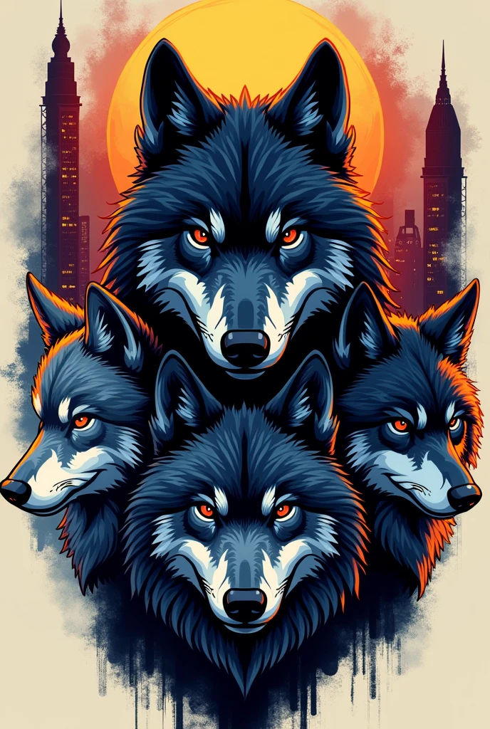 Four Wolves in a logo that says FourMindsStudio with different personalities, more aggressive now more urban


