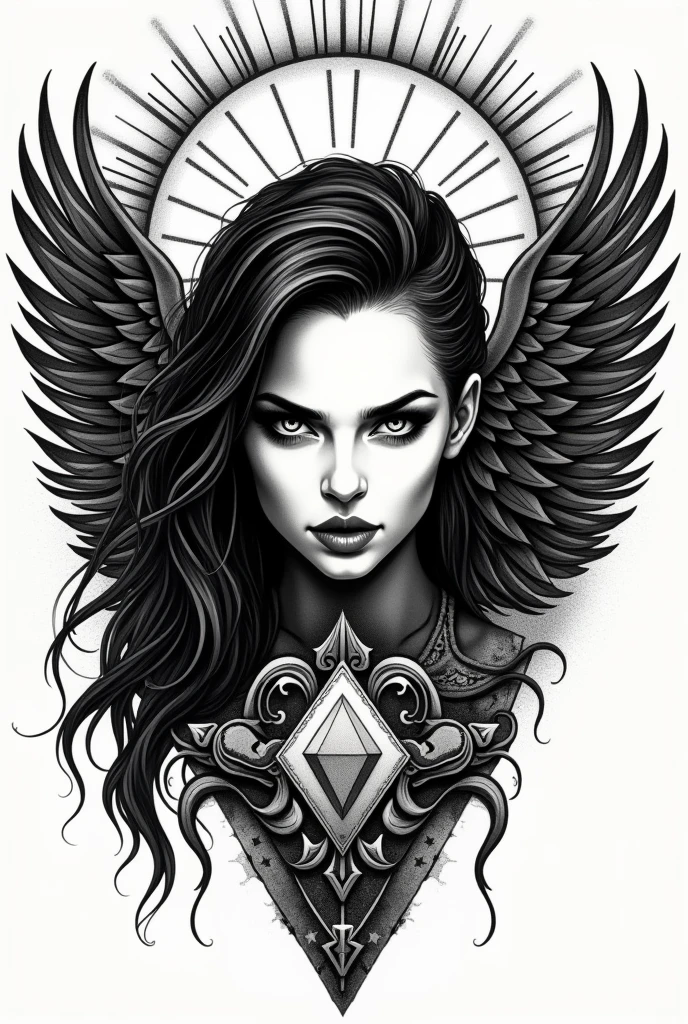 Tattoo template, rammstein, woman, sun, Angel, diamond, Tattoo, black and white drawing