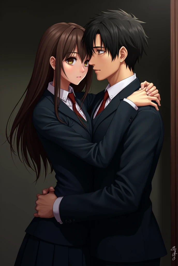 - a man and a girl, the girl hug him from behind with wrapping her arms around his neck while the man looks like he wants to escape from her
- both of them are wearing boarding school uniform
- the girl is brown hair and brown eyes while the man is black hair and green eyes