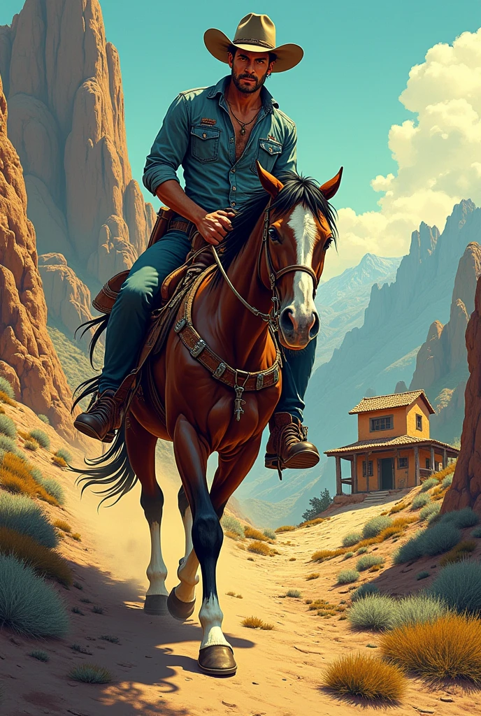 Hyperrealistic comic image with a 50's look, a cowboy riding his horse down the mountain to a cantina on the side of the road