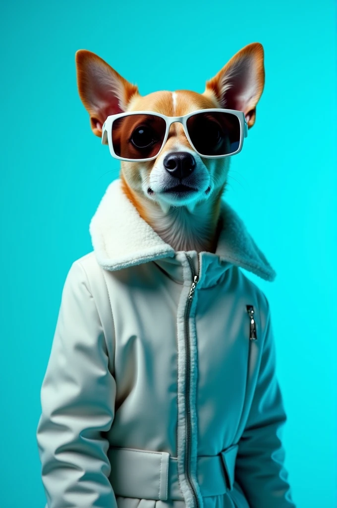 The best cell phone wallpaper, Award-Winning Wallpaper, portrait photography, In the front view is a portrait of a cute dog wearing mid-1960s space age fashion, Side view photo, Shot with Canon EOS R5, Set a strong contrast that accentuates the subject, Fluorescent blue tone, Wearing a very modern coat and sunglasses is a modern 1960s style, Clothes all in one color, beautiful background