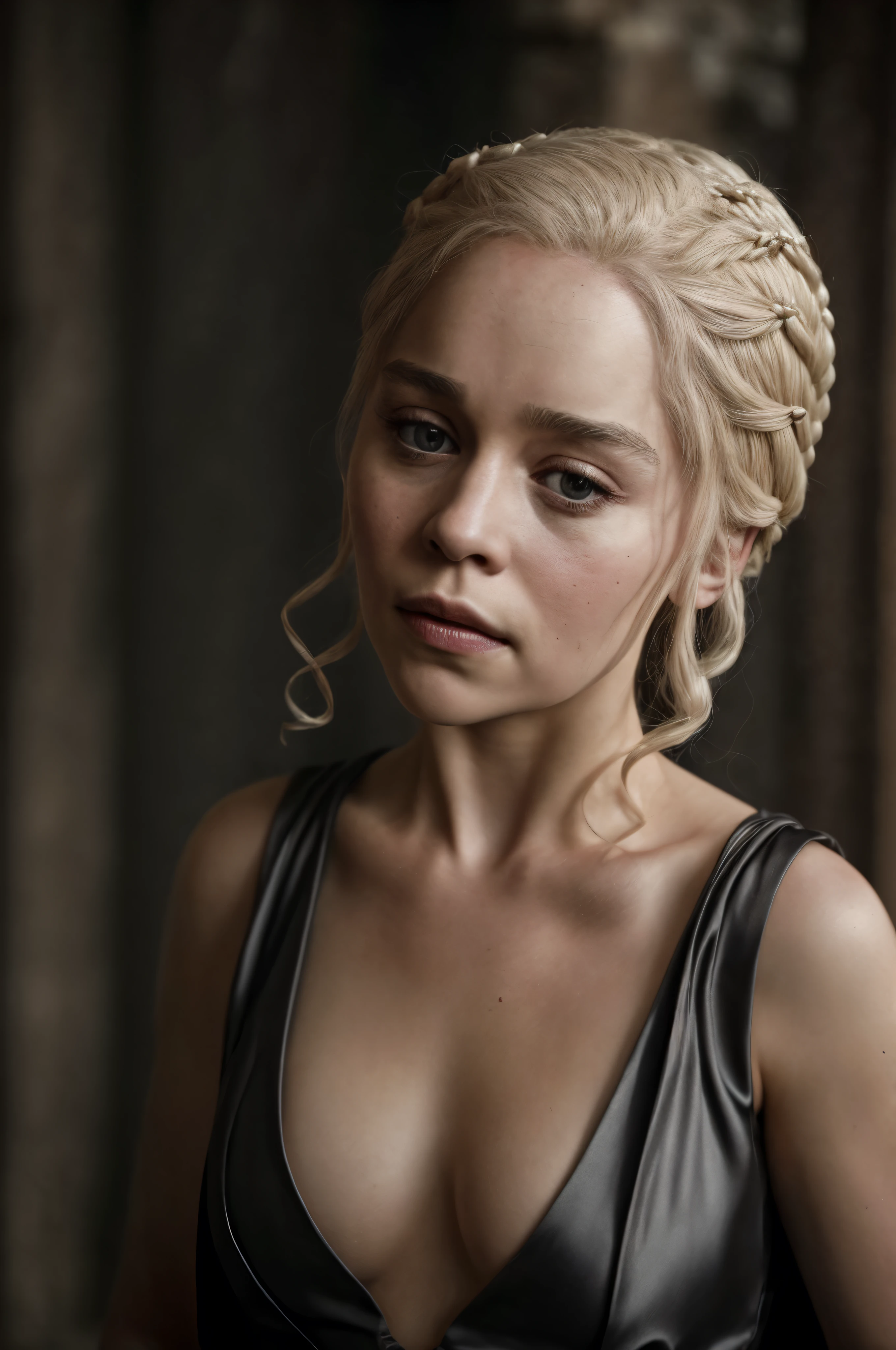 masterpiece, stunning portrait photo of khls woman, sleeveless, erotic costumes, sensual satin dress, game of thrones inspired costumes, compelling, cinematic, extremely gorgeous, stunning beauty, dark ruined place cinematic background,